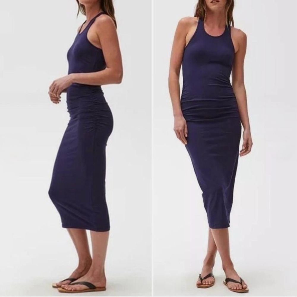 MICHAEL STARS Navy Blue Ruched Waist Midi Tank Dress Large